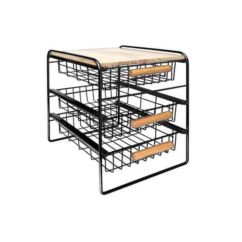 Origami Wood Top Steel Kitchen Organizer 3 Tier Basket Sliding Drawer, Black