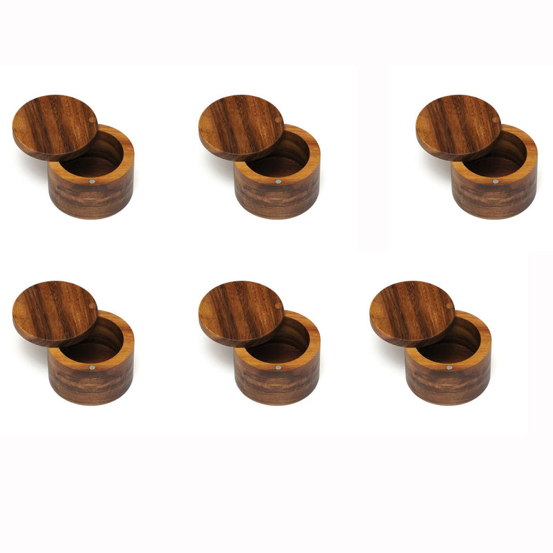 Lipper Acacia Wood Durable Round Salt Spice Box with Swivel Cover (6 Pack)