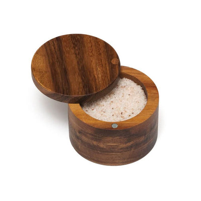 Lipper Acacia Wood Durable Round Salt Spice Box with Swivel Cover (6 Pack)