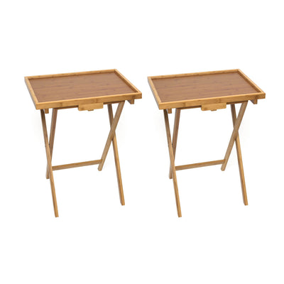 Lipper Bamboo Folding Individual Dining Snack Side Table w/ 0.5 In. Lip (2 Pack)