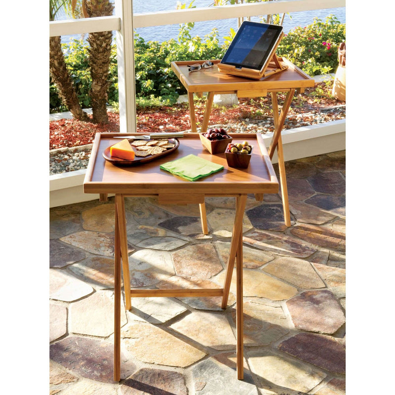 Lipper Bamboo Folding Individual Dining Snack Side Table w/ 0.5 In. Lip (2 Pack)