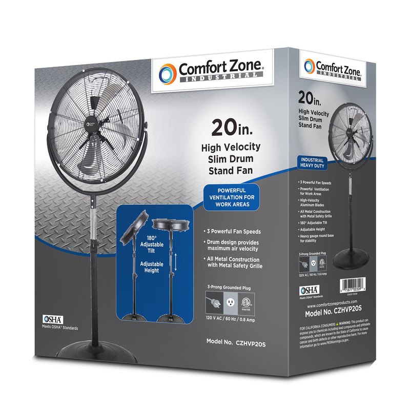 Comfort Zone 20-Inch High-Velocity 3 Speed 180-Degree Adjustable Drum Fan, Black