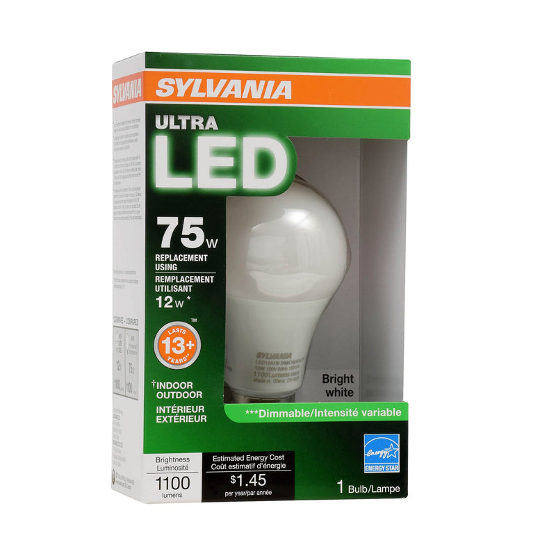 SYLVANIA 74426 Ultra 75W Equivalent 12W Dimmable A19 LED Bulb, Bright White
