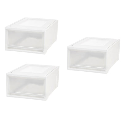 IRIS 30 Quart Medium Stackable Plastic Storage Chest Drawer Bin, White (3 Pack)