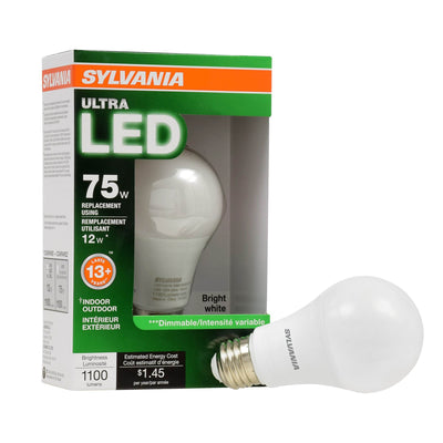 SYLVANIA 74426 Ultra 75W Equivalent 12W Dimmable LED Bulb, Bright White (2 Pack)