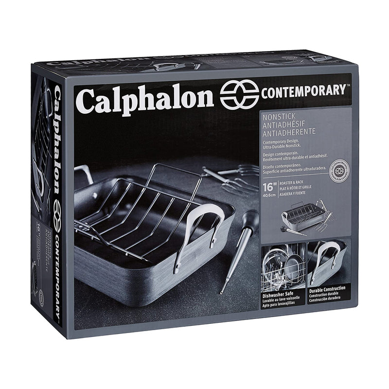 Calphalon 5 Piece 16 Inch Contemporary Nonstick Roaster Pan and Rack Set, Black