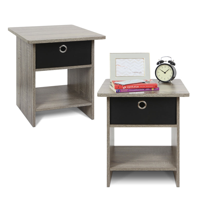 Furinno EX Home Living Nightstand Side Table, French Oak Grey/Black (2 Pack)