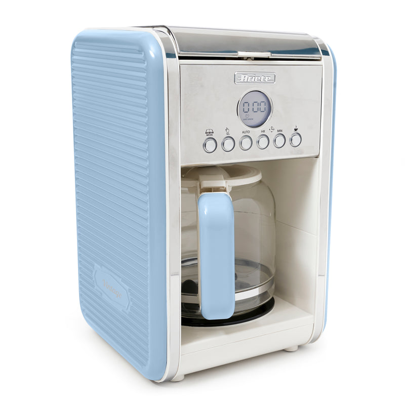 Ariete Vintage Kitchen Countertop 12 Cup Brew Timer Coffee Maker Machine, Blue