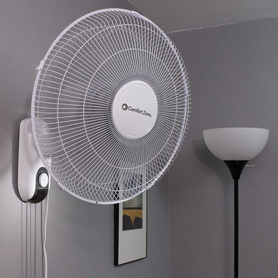Comfort Zone 16 Inch 3 Speed Adjustable Oscillating Indoor Mountable Fan, White
