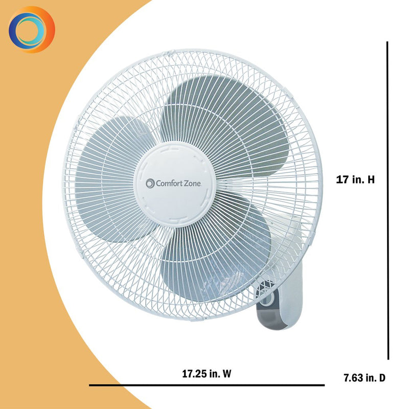 Comfort Zone 16 Inch 3 Speed Adjustable Oscillating Indoor Mountable Fan, White