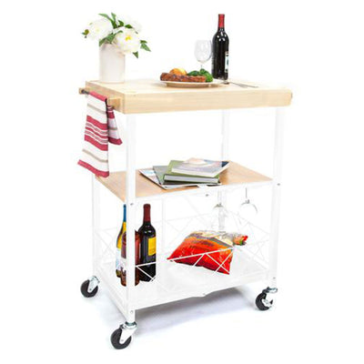 Origami Foldable Wheeled Portable Wood Top Rolling Entertainment Cart, White