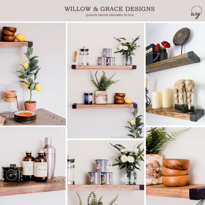 Willow & Grace Bella 24 Inch Floating Wood Wall Mount Shelves, Walnut (6 Pack)
