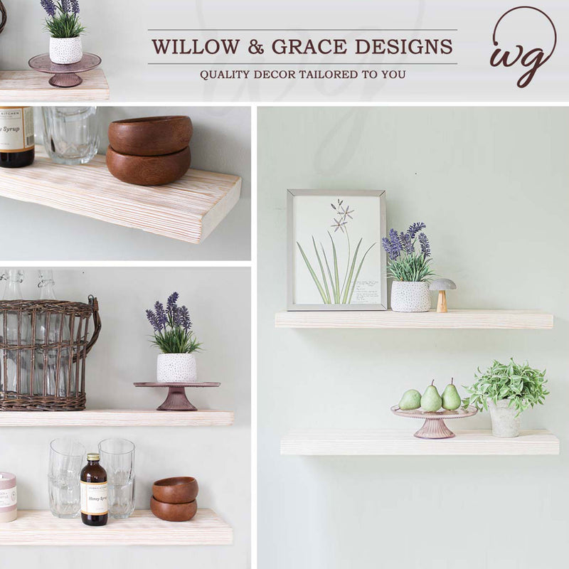 Willow & Grace Suzy 24 Inch Floating Wall Mount Shelves, White Wash (4 Pack)