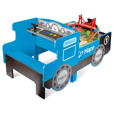Hape Deluxe Full Wooden Ride On Foldable Engine Table, Blue, Kids Ages 3 and Up