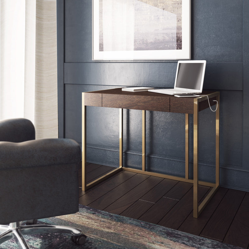 Twin Star Home Haymarket Gold Trim Modern Design Writing Desk w/ USB Charging