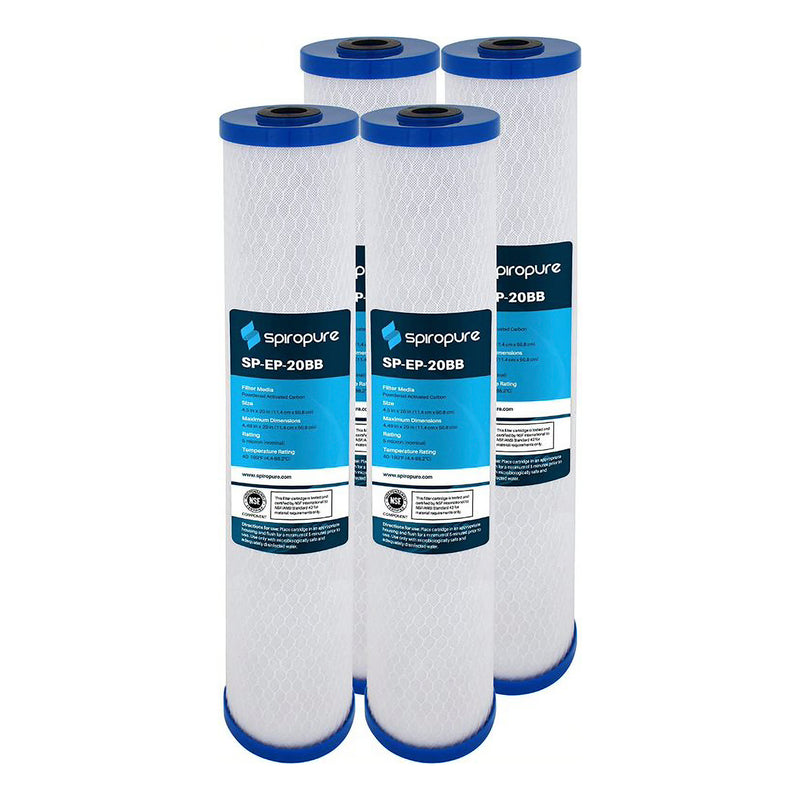 SpiroPure 20x2.5 Inch NSF Certified Carbon Block Water Filter, 4 Pack (Open Box)