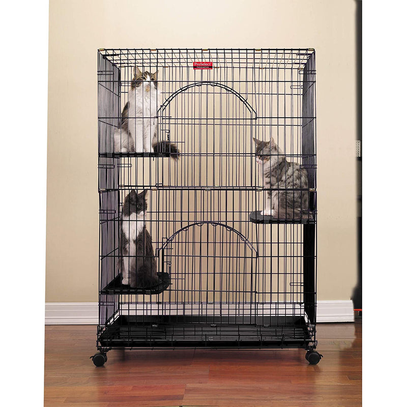 ProSelect 48 Inch Foldable Cat Cage with Dual Doors & Adjustable Perches, Black