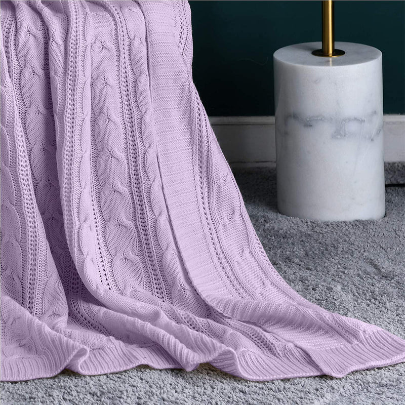 JINCHAN 60 x 50 Inch Lightweight Cable Knit Sweater Style Throw Blanket, Lilac