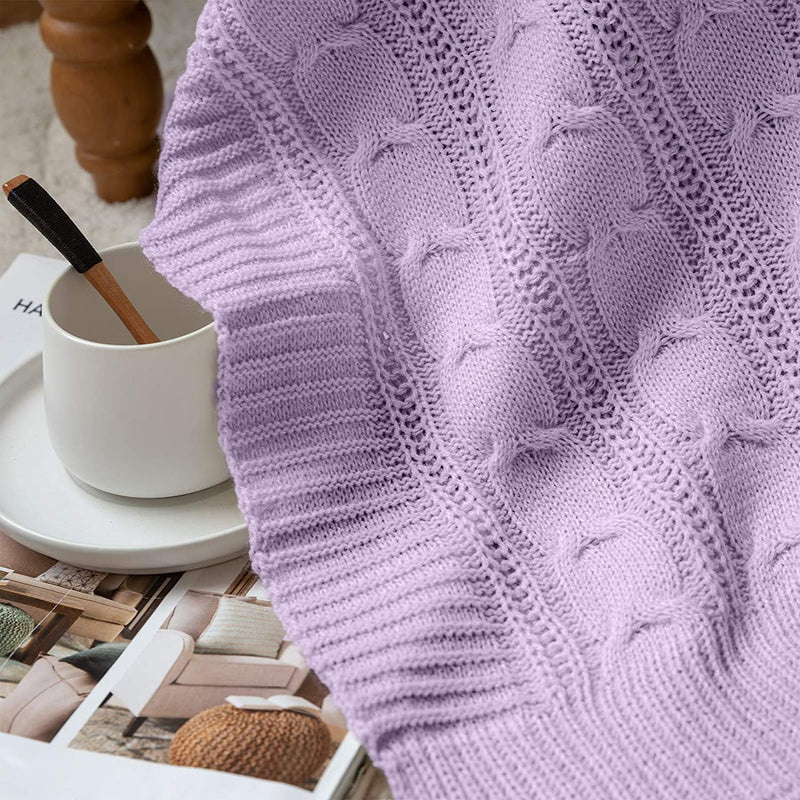 JINCHAN 60 x 50 Inch Lightweight Cable Knit Sweater Style Throw Blanket, Lilac