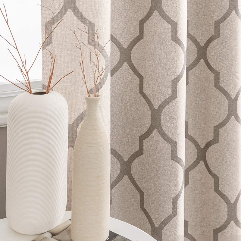 JINCHAN 52 x 54 Inch Grommet Moroccan Tile Flax Linen Curtains, Grey (2 Panels)