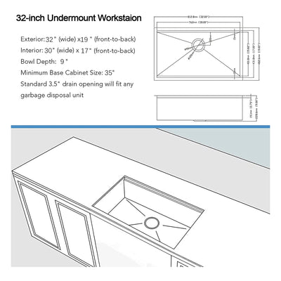 ALWEN 32 x 19 Inch Stainless Steel Workstation Ledge Single Bowl Sink Undermount
