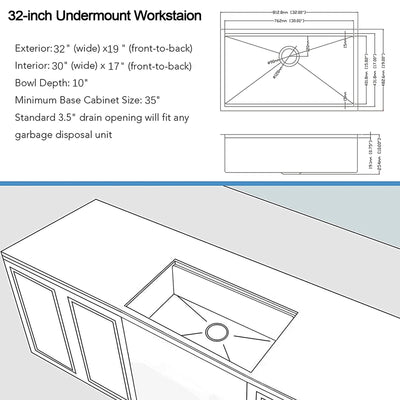 ALWEN 32" 16ga. Stainless Steel Single Basin Kitchen Sink, Undermount (Open Box)