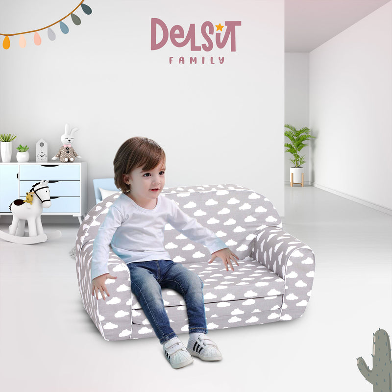 Delsit Toddler Couch & Kids 2 in 1 Flip Open Foam Double Sofa, Gray with Clouds