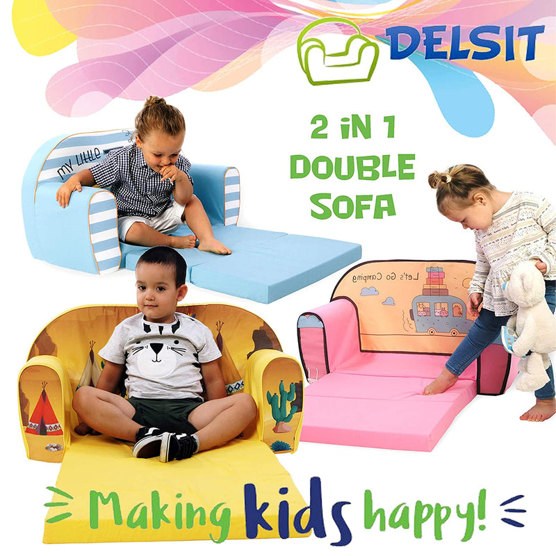 Delsit Toddler Couch and Kids 2 in 1 Flip Open Foam Double Sofa, Super Dinosaurs