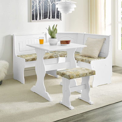 MUSEHOMEINC Traditional 3 Piece Solid Wood Nook Dining Table Set w/ Bench, White