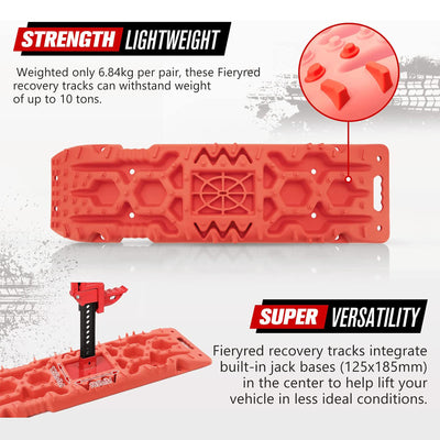 Fieryred Traction Board Recovery Ladder w/ Jack Lift Base & Shovel, Red (2 Pack)