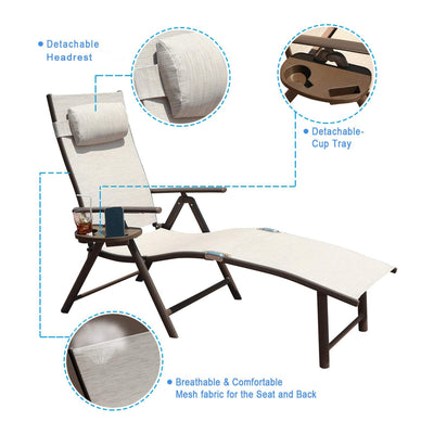 GOLDSUN Aluminum Outdoor Reclining Lounge Chair w/ Cup Holder, Beige (Set of 2)