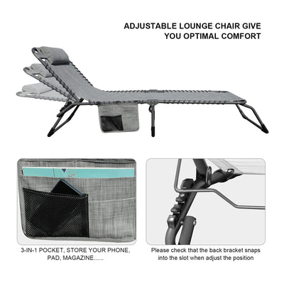 GOLDSUN Outdoor Reclining Durable Lounge Patio Chair w/Pocket, Grey (Set of 2)