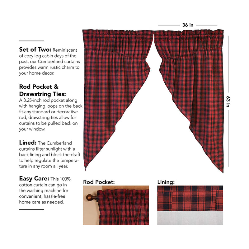 VHC Brands Rustic & Lodge Plaid Prairie Short Curtain Panel Set, Red (2 Panels)