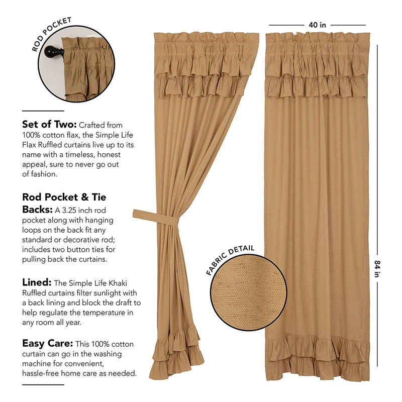 VHC Brands Flax Solid Cotton Window Curtain Farmhouse Set, Khaki Tan (2 Panels)