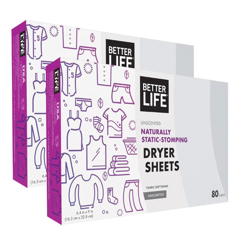 Better Life Hypoallergenic Natural Plant Based Dryer Sheets, Unscented, (2 Pack)