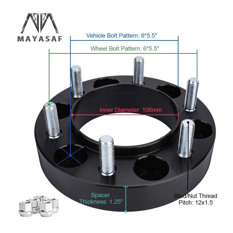 MAYASAF WSA80037x4 1.25" Thick Hub Centric Wheel Spacers, 6 Lug Bolts (4 Pack)