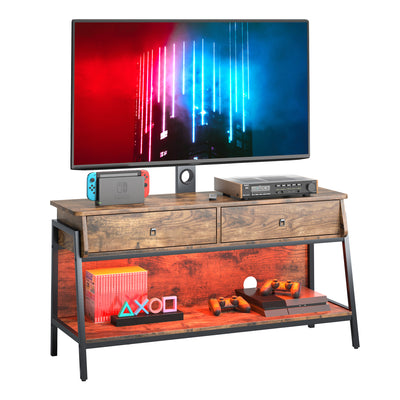 Bestier 2 Drawer TV Console w/ LED Lights & Wall Mount, Rustic Brown (Used)