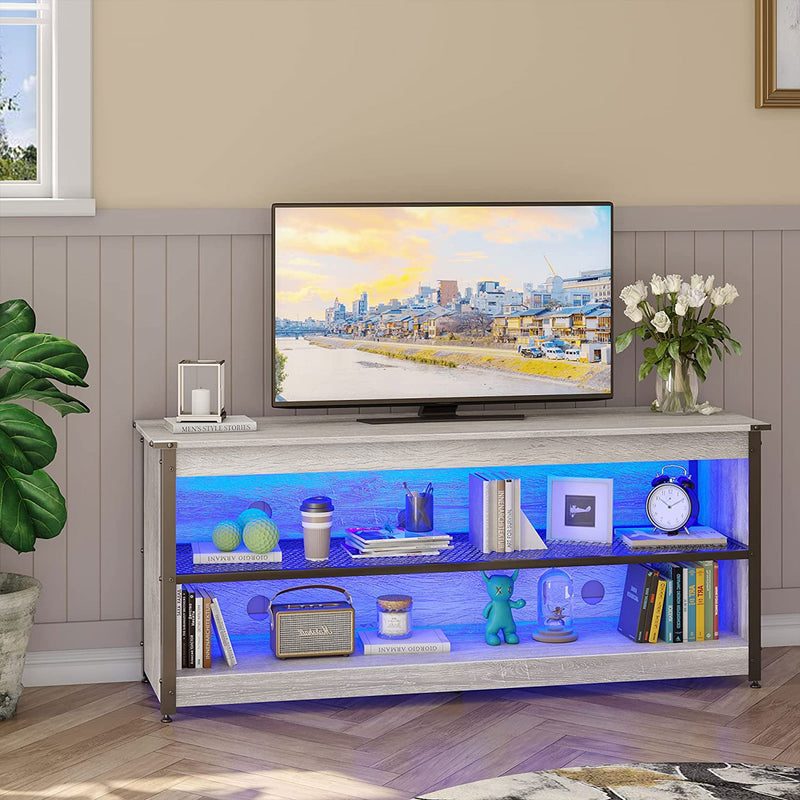 Bestier Industrial TV Stand with Shelf and LED Lights 55.12 Inches, Light Gray