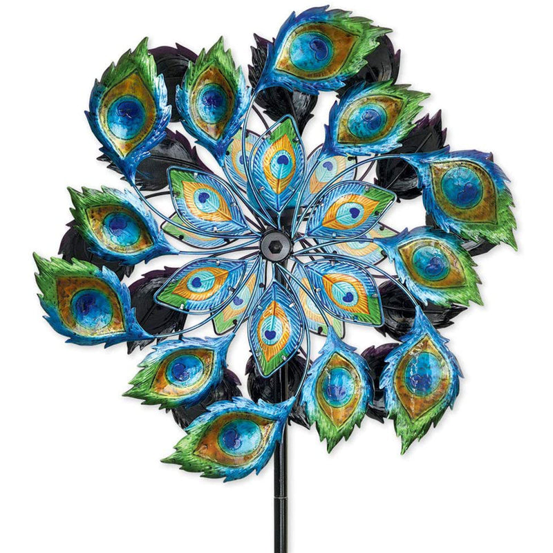Bits and Pieces Outdoor Solar Peacock Wind Spinner Solar LED Light Lawn Ornament