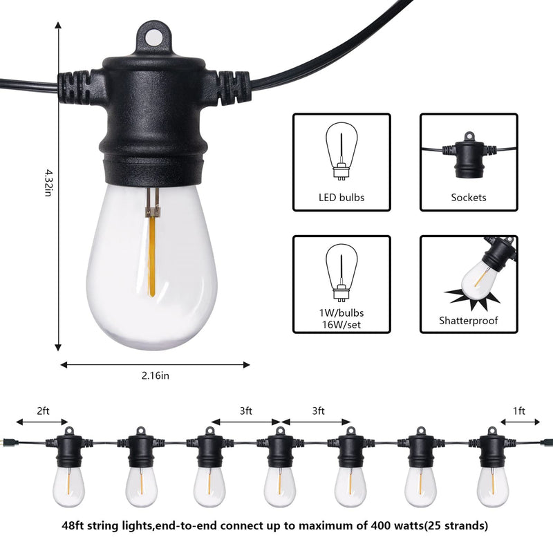 Banord 48 Ft 1 Watt String Lights, 16 Shatterproof Bulbs for Outdoor Use, 2 Pack