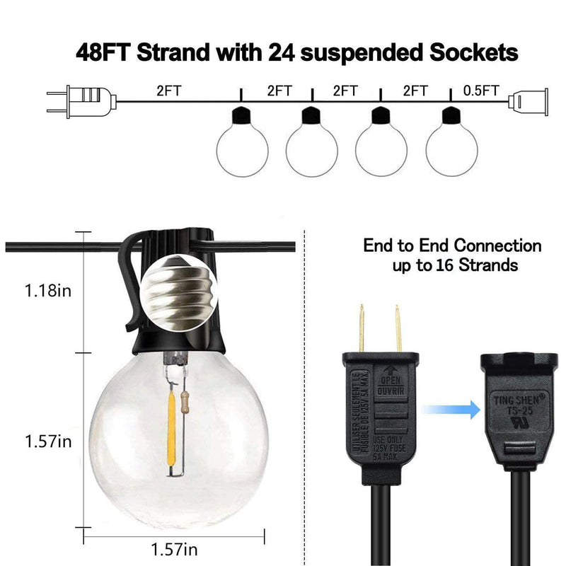 Banord LED 48 Foot 1 Watt String Lights, 25 Shatterproof Bulbs for Outdoor Use