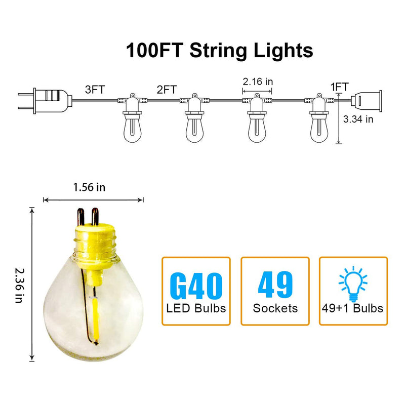 Banord LED 100 Foot String Lights, 50 Shatterproof White Bulbs for Outdoor Use
