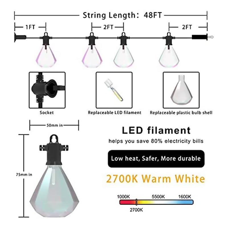 Banord LED 97 Foot Diamond String Lights, 48 Shatterproof Bulbs for Outdoor Use