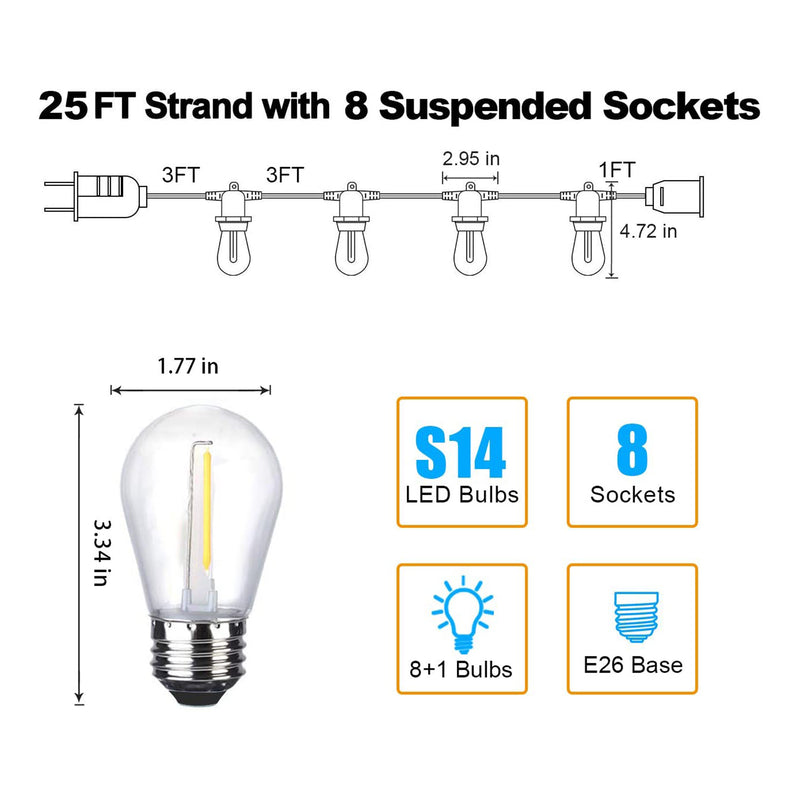 Banord LED 25 Foot String Lights, 9 Shatterproof White Bulbs for Outdoor Use