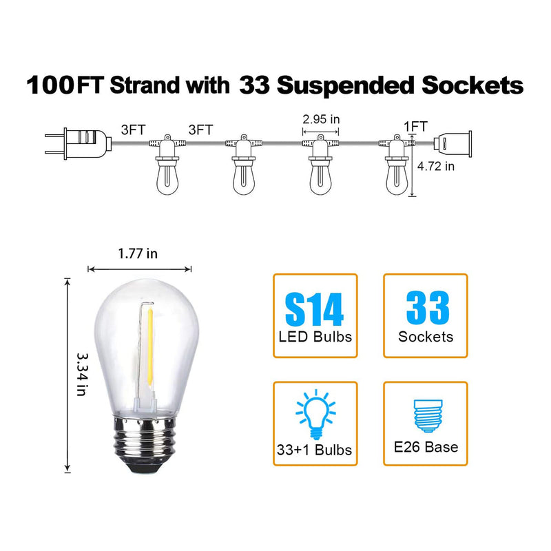Banord LED 100 Foot String Lights, 34 Shatterproof Plastic Bulbs for Outdoor Use
