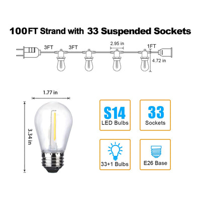 Banord LED 100 Ft String Lights, 34 Shatterproof Outdoor Plastic Bulbs (2 Pack)
