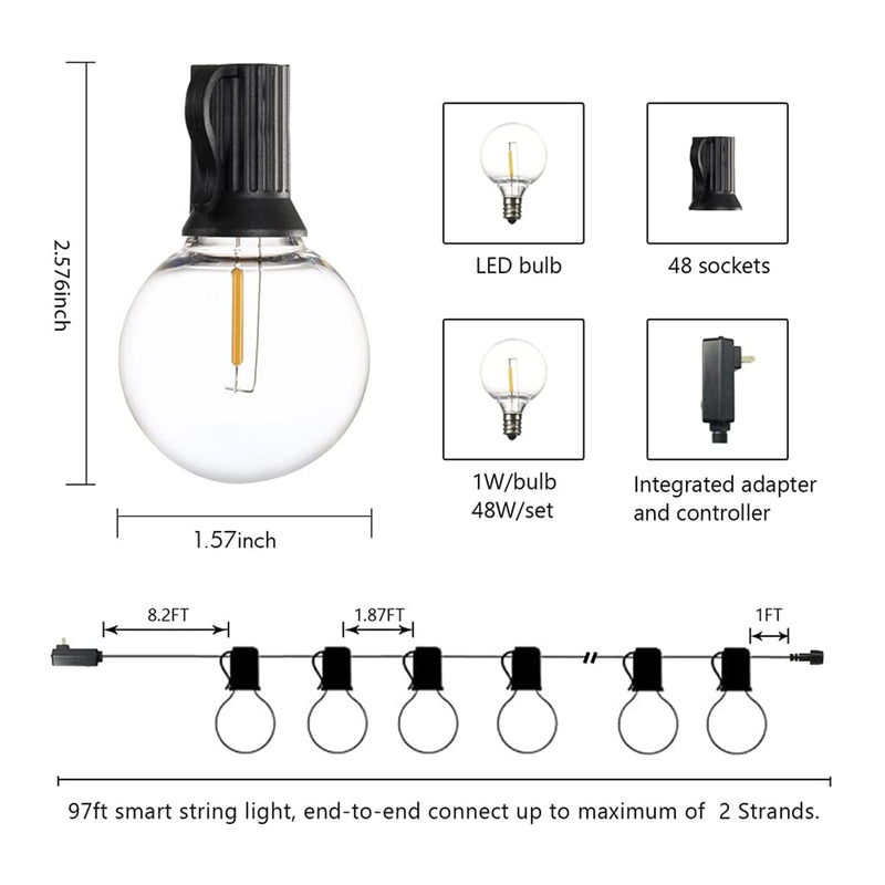 Banord LED 97 Foot 1W Smart String Lights, 48 Shatterproof Bulbs for Outdoor Use