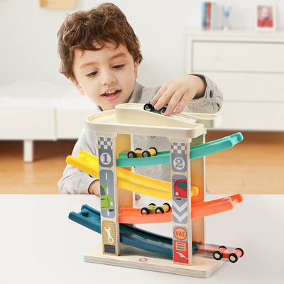 Topbright Toys 4 Level Ramp Racer Tower with 4 Wooden Race Cars for Toddlers