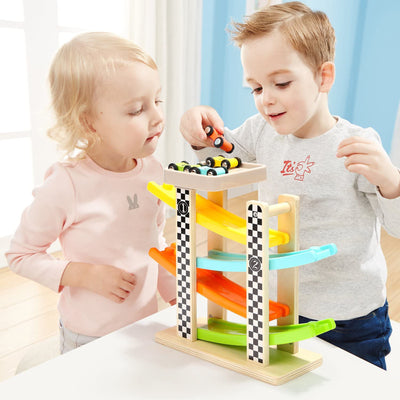 Topbright Toys 4 Level Ramp Racer Tower with 4 Wooden Race Cars for Toddlers