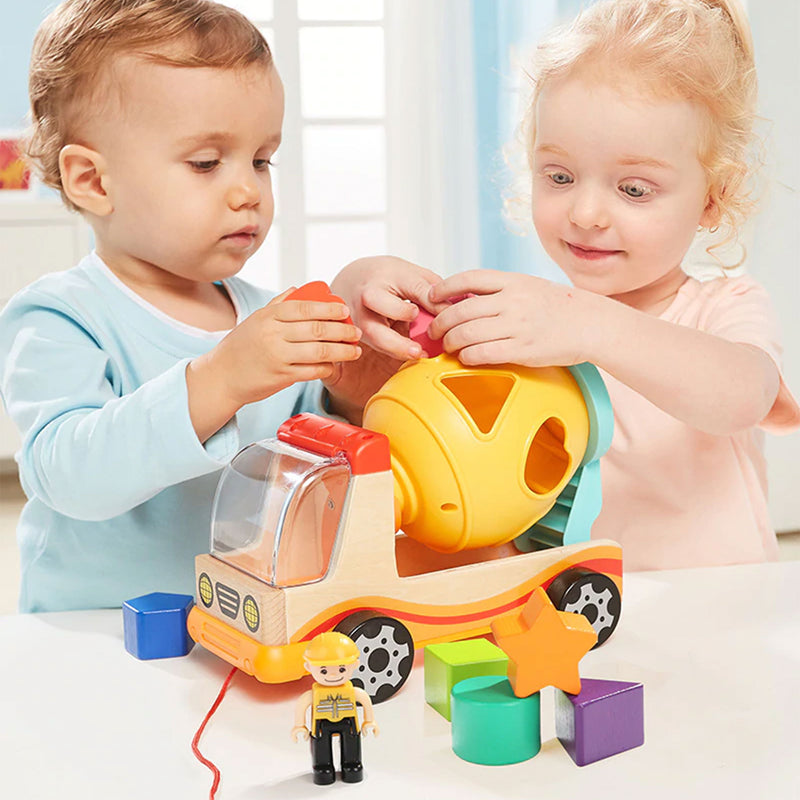 Topbright Toys Beechwood & ABS Shape Sorting Mixer Truck with 7 Shapes and Doll